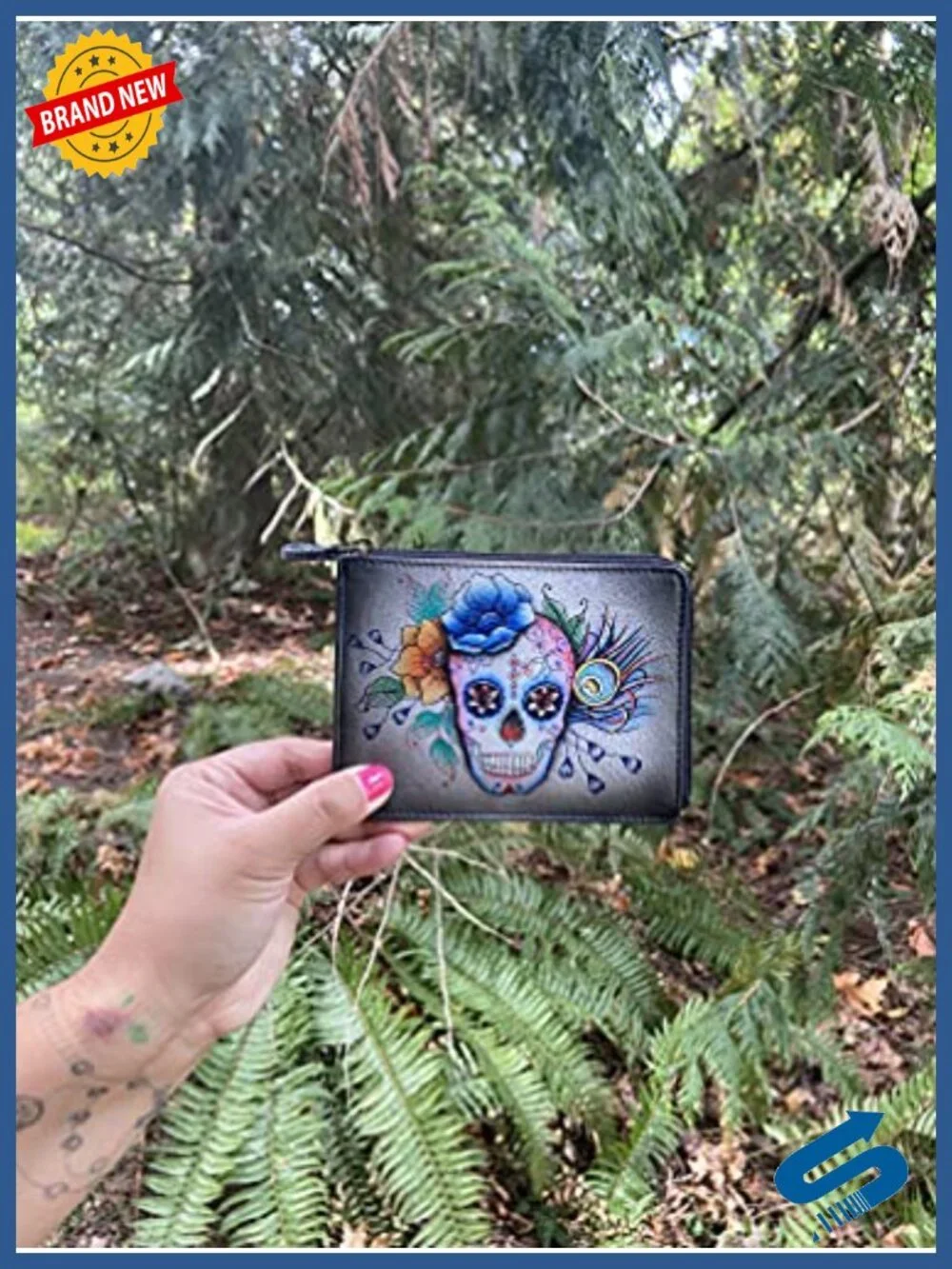 Hand-Painted Leather RFID Key Zip Case with Skull Art